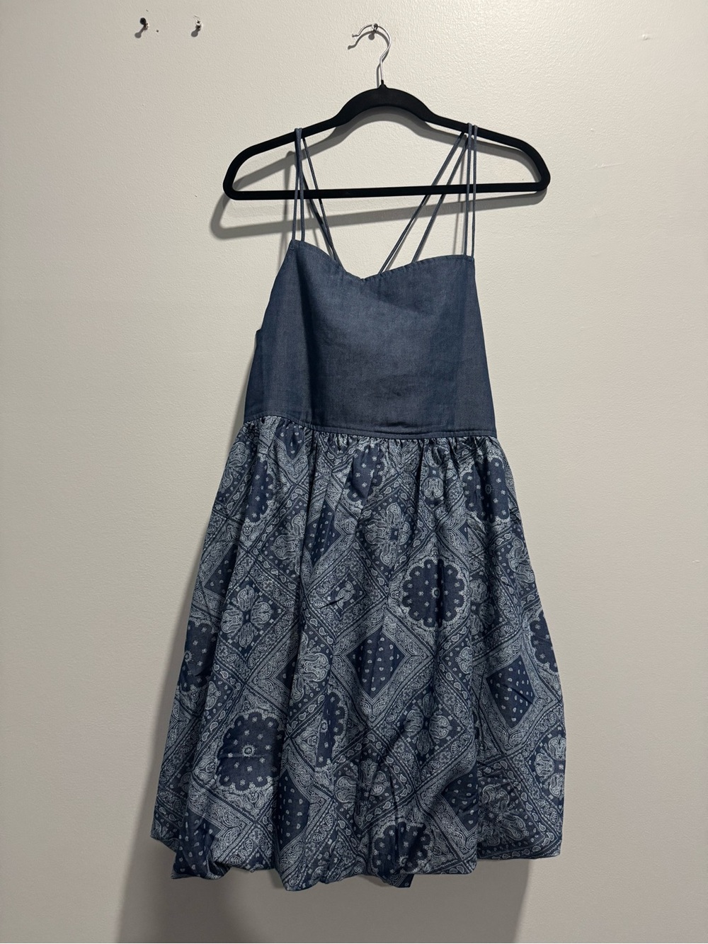 ADORA Blue denim Printed Midi Bubble Sundress